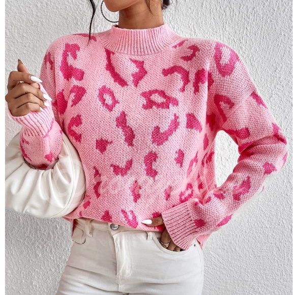 Pink Cheetah Leopard Animal Print Knit Sweater Pullover Long Sleeve - Picture 5 of 7